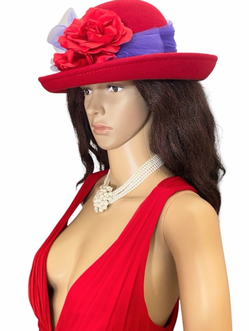 Kathy Jeanne red wool derby hat adorned with a flower